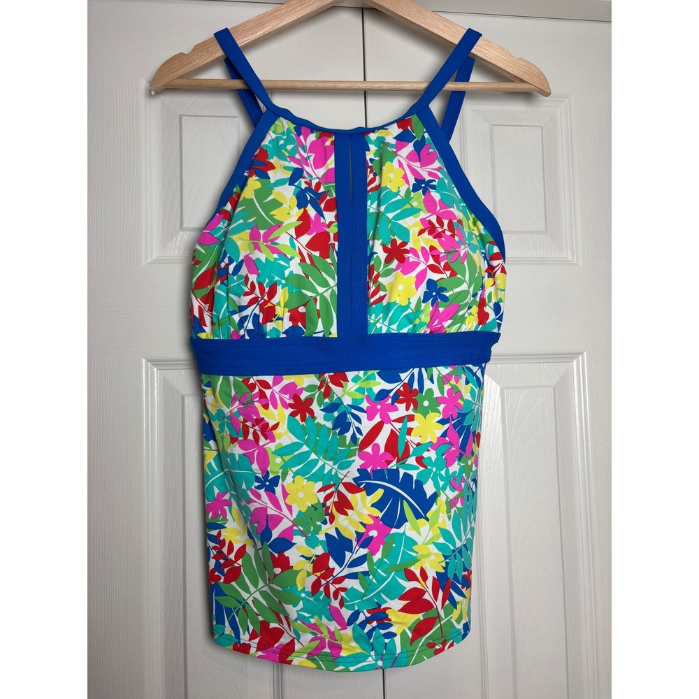 Lands End Women 12 D Tropical Floral High Neck Keyhole Tankini Top Blue Multi